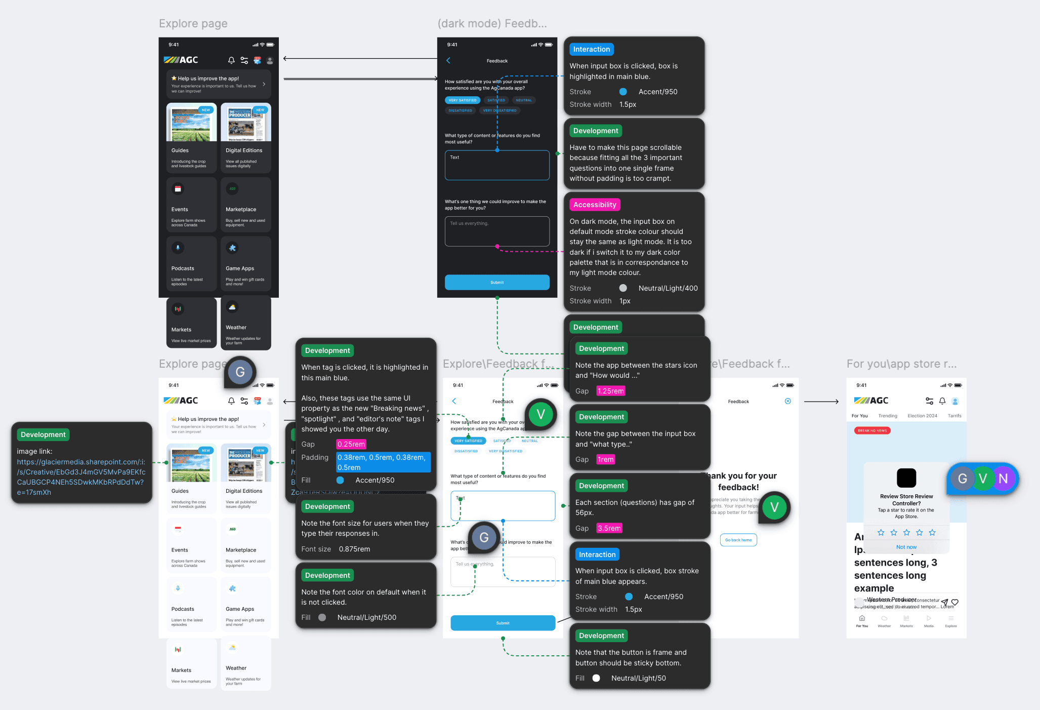Explore page with developer annotations — color specs, spacing, edge cases