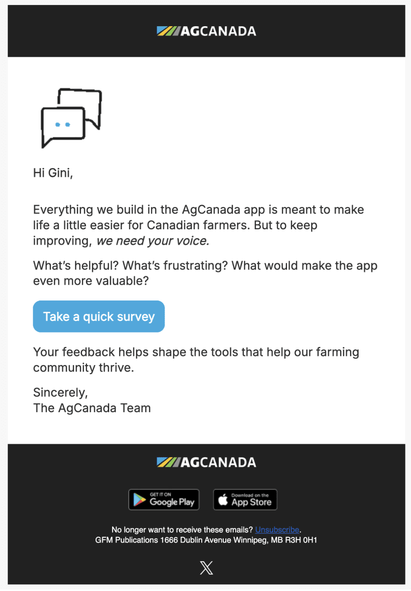 Feedback collection email — survey invitation for farmers
