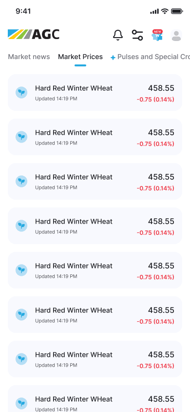 Market Prices showing Hard Red Winter Wheat at 458.55 with live updates