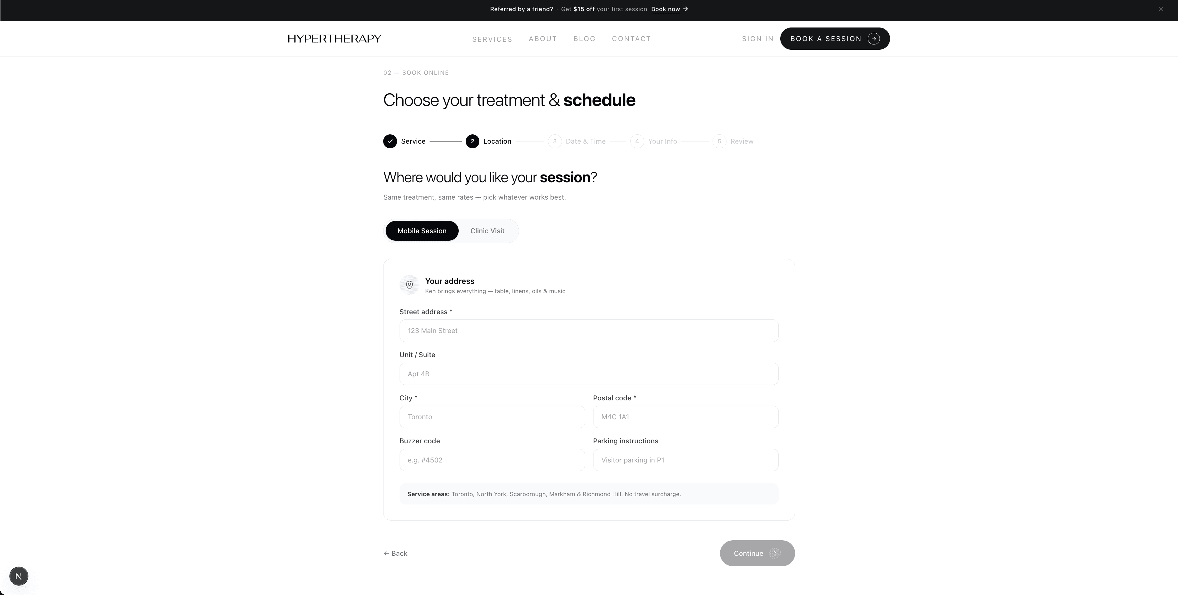 Booking flow step 2 — mobile session or clinic visit with address form