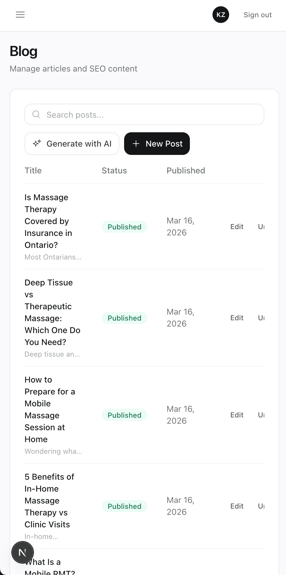 Mobile blog management — search, generate with AI, published articles list