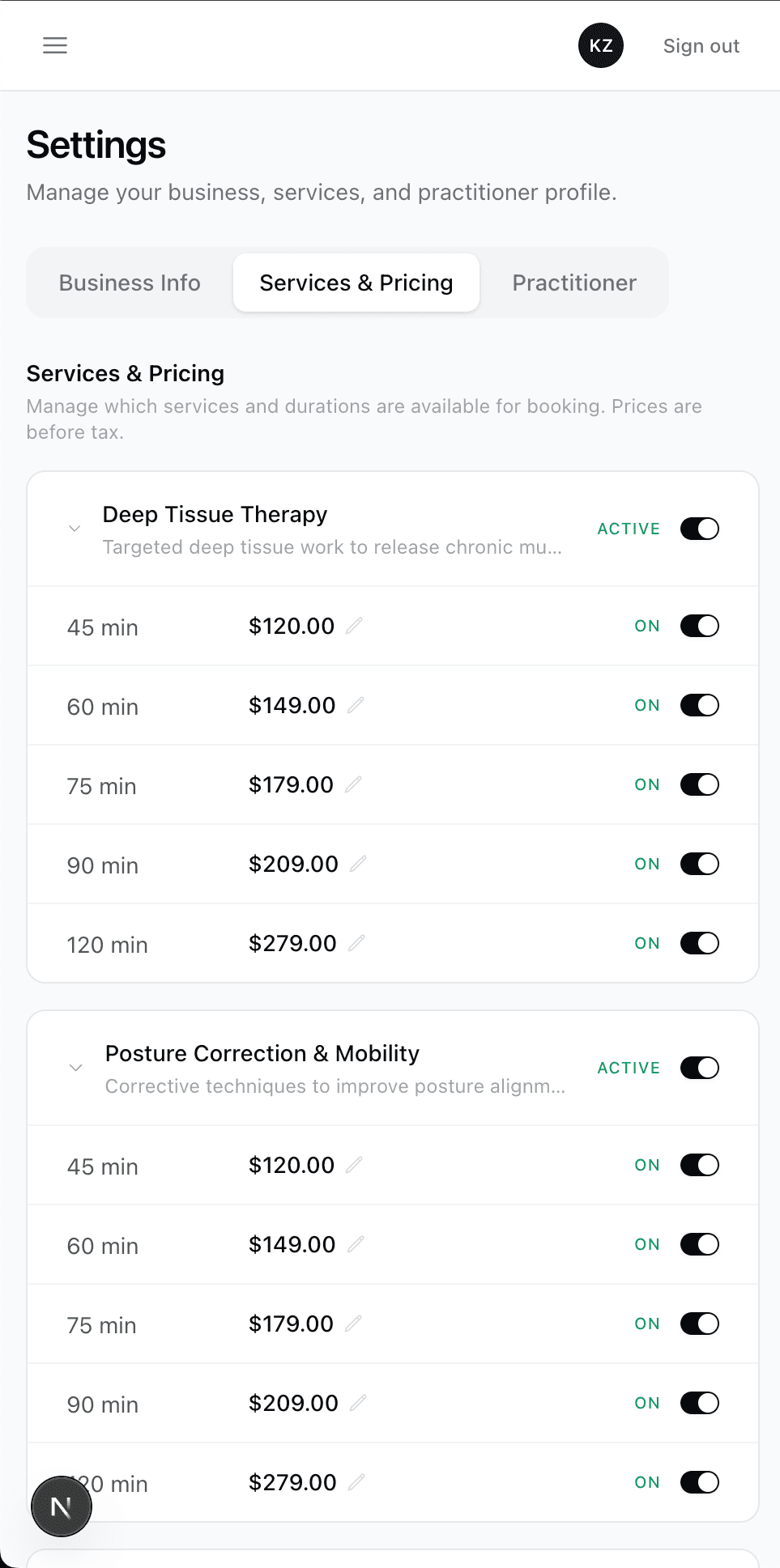 Mobile settings — services & pricing with duration tiers and active toggles