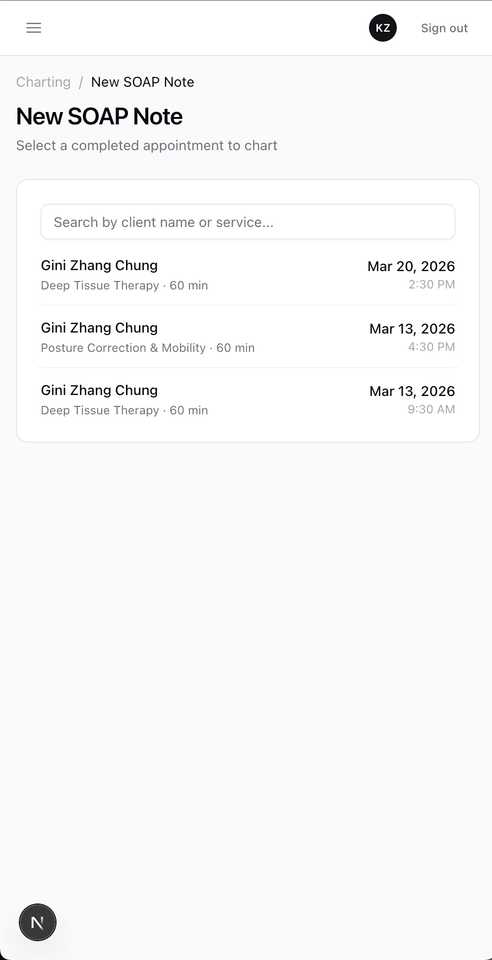 Mobile new SOAP note — select completed appointment to chart