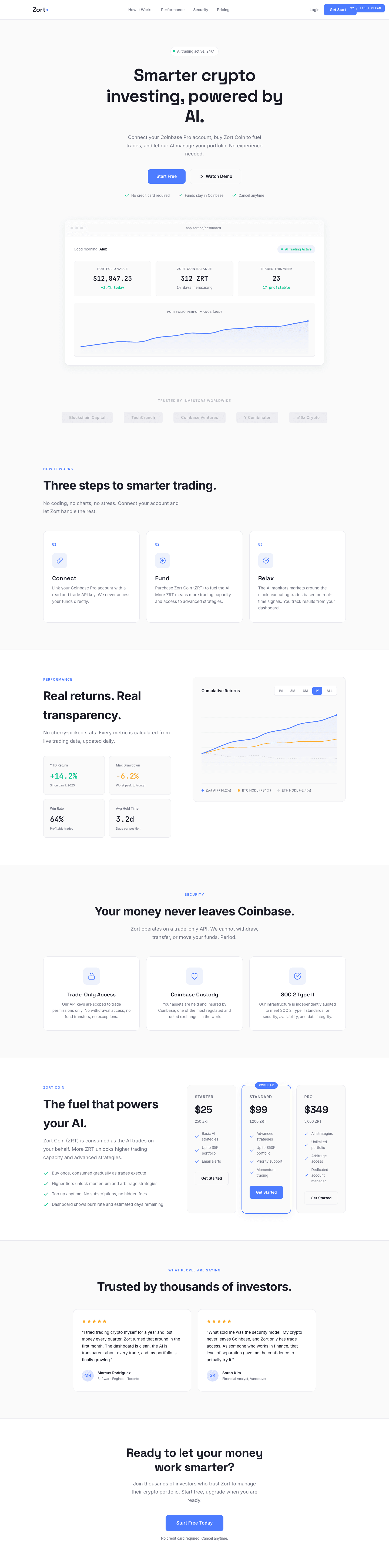 Full-page light website mockup inspired by Wealthfront/Stripe, trust blue accent, clean white background, professional and approachable