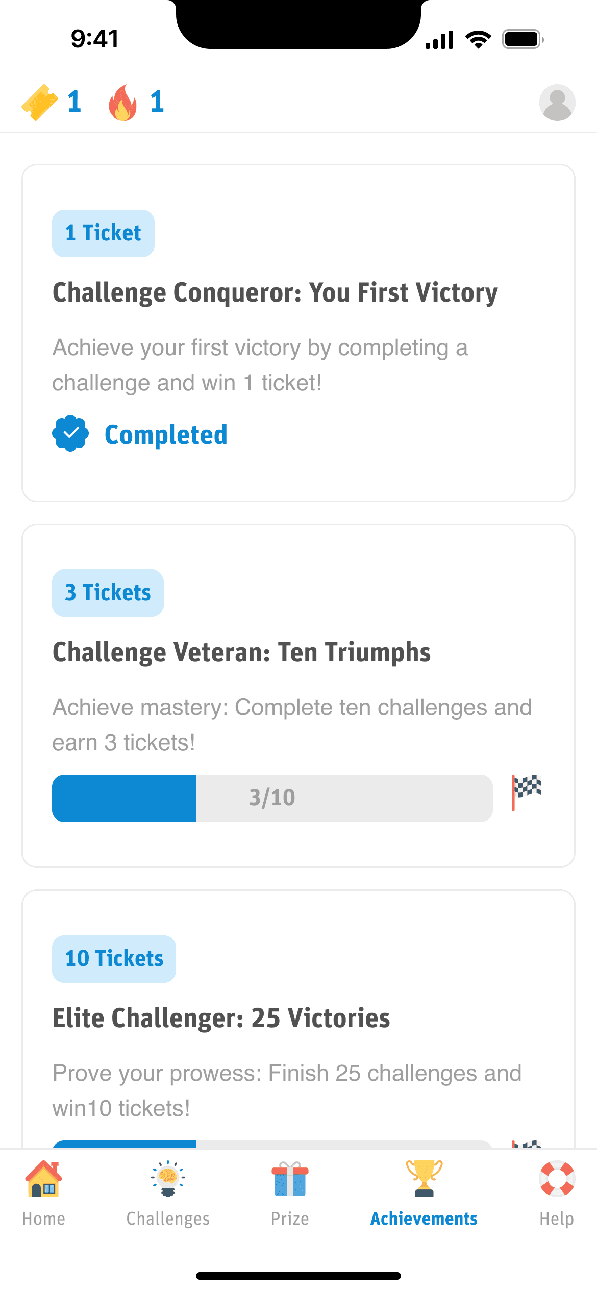 Achievements screen showing milestone badges — Challenge Conqueror, Veteran, and Elite Challenger with ticket rewards
