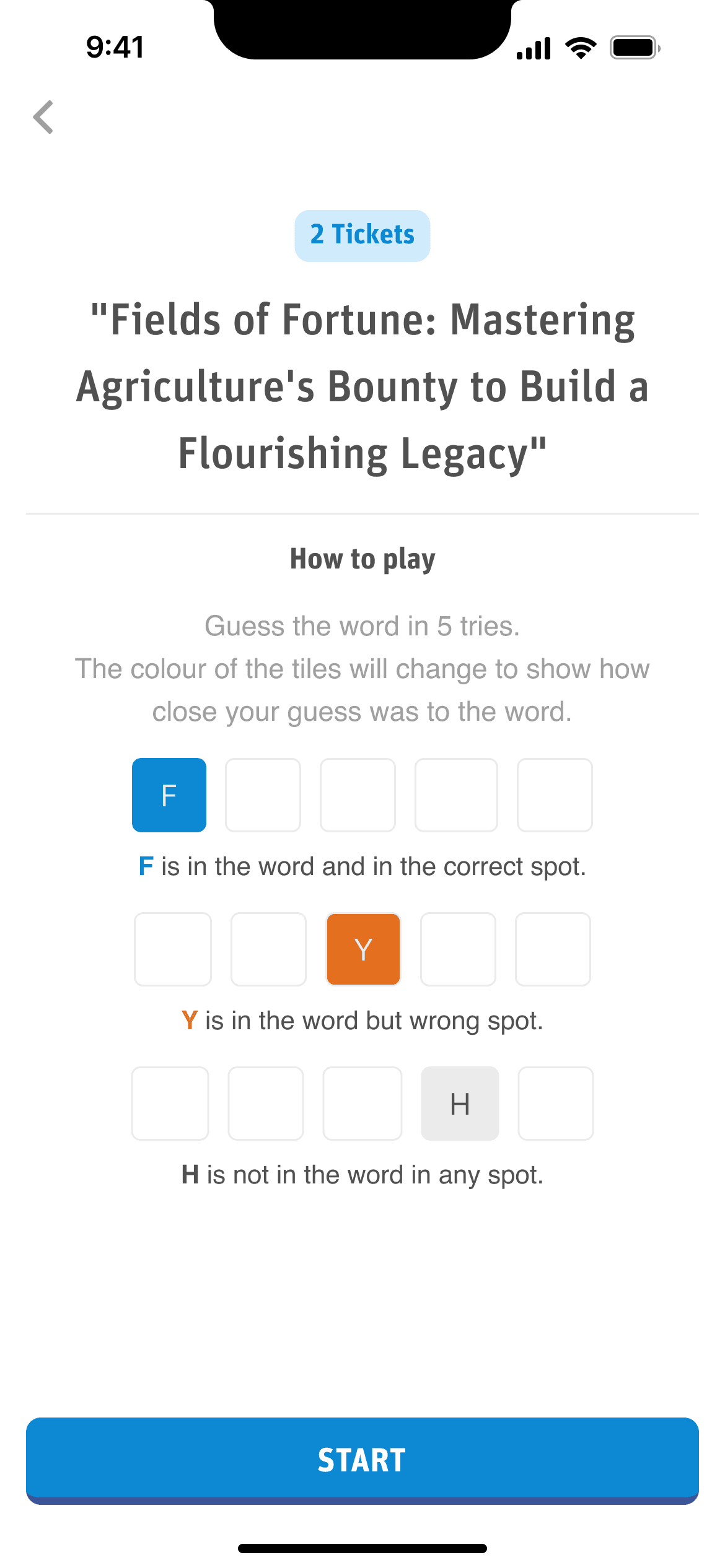 Wordle-style daily challenge tutorial screen showing how letter clues work — correct spot, wrong spot, and not in word