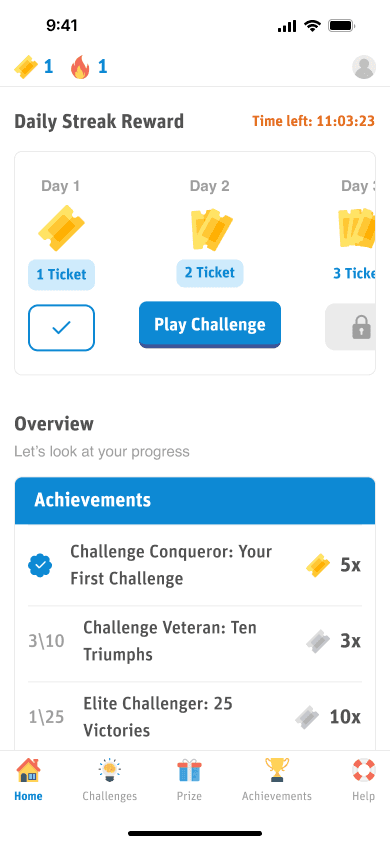 Western Producer Challenge app dashboard showing daily streak reward, play challenge button, and achievements overview