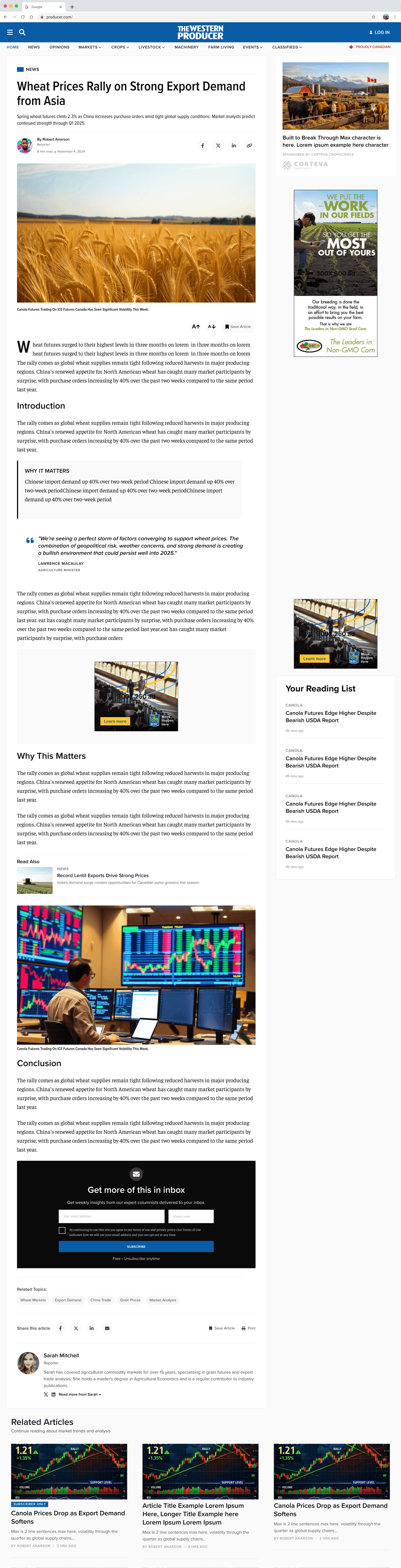 Western Producer article page after redesign — clean reading experience with full-width hero, proper typography, structured sections, and minimal distractions
