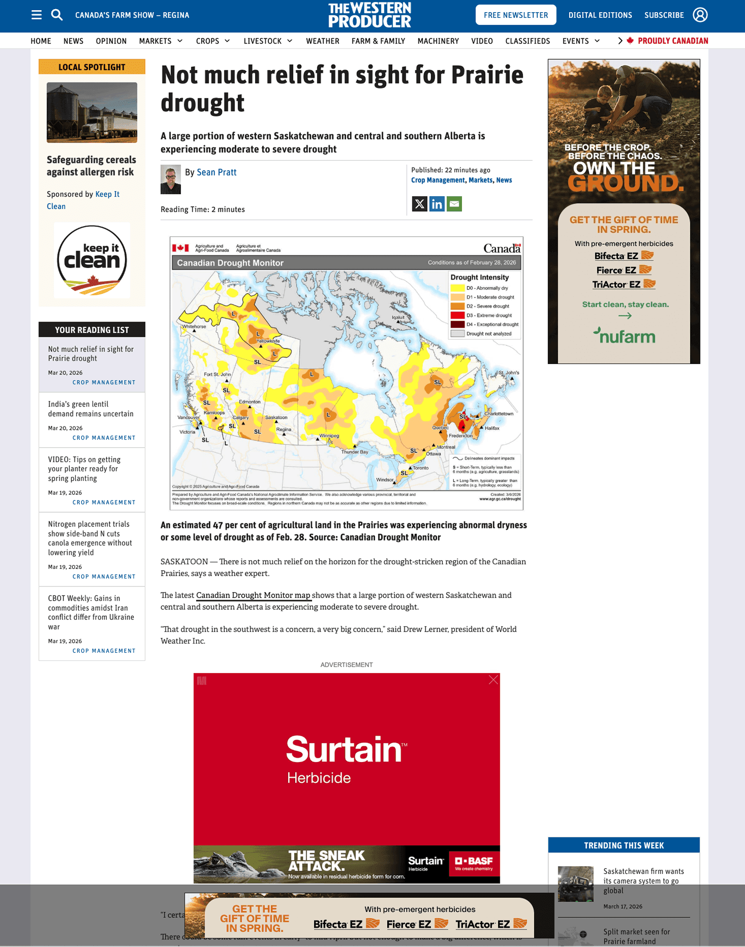 Western Producer article page before redesign — cluttered layout with sidebar ads, widgets, and dense navigation competing with article content