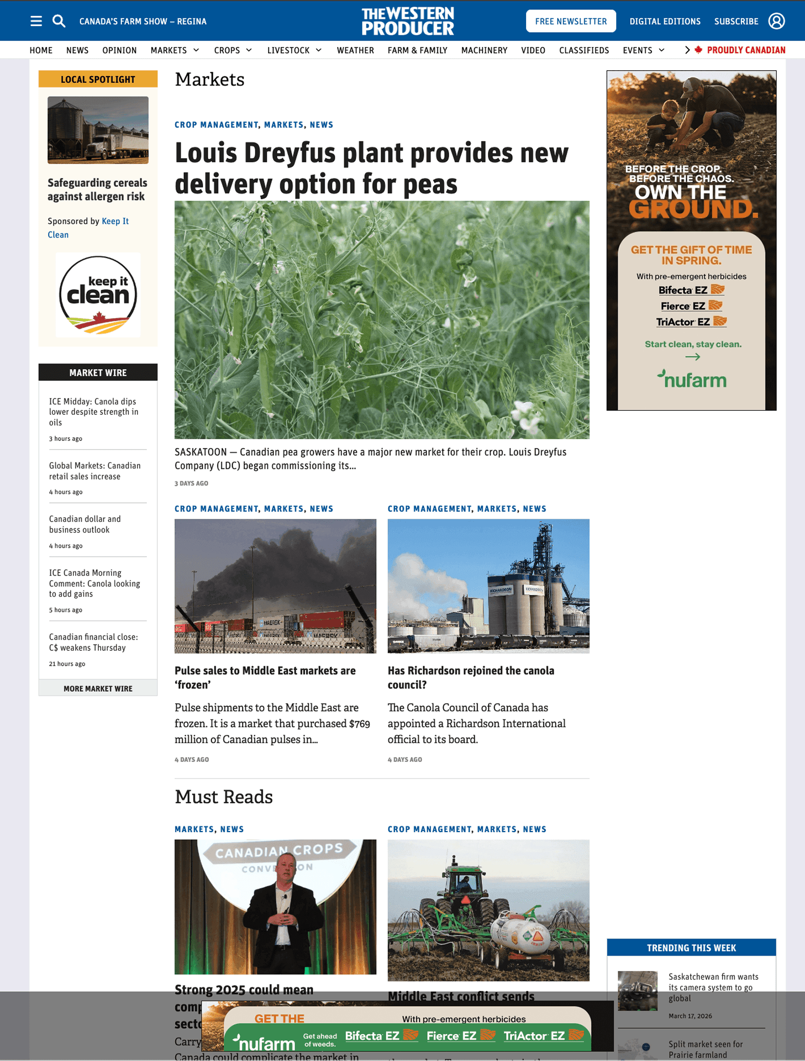 Western Producer category page before — flat article list with no visual hierarchy, cluttered sidebar, and competing ad placements