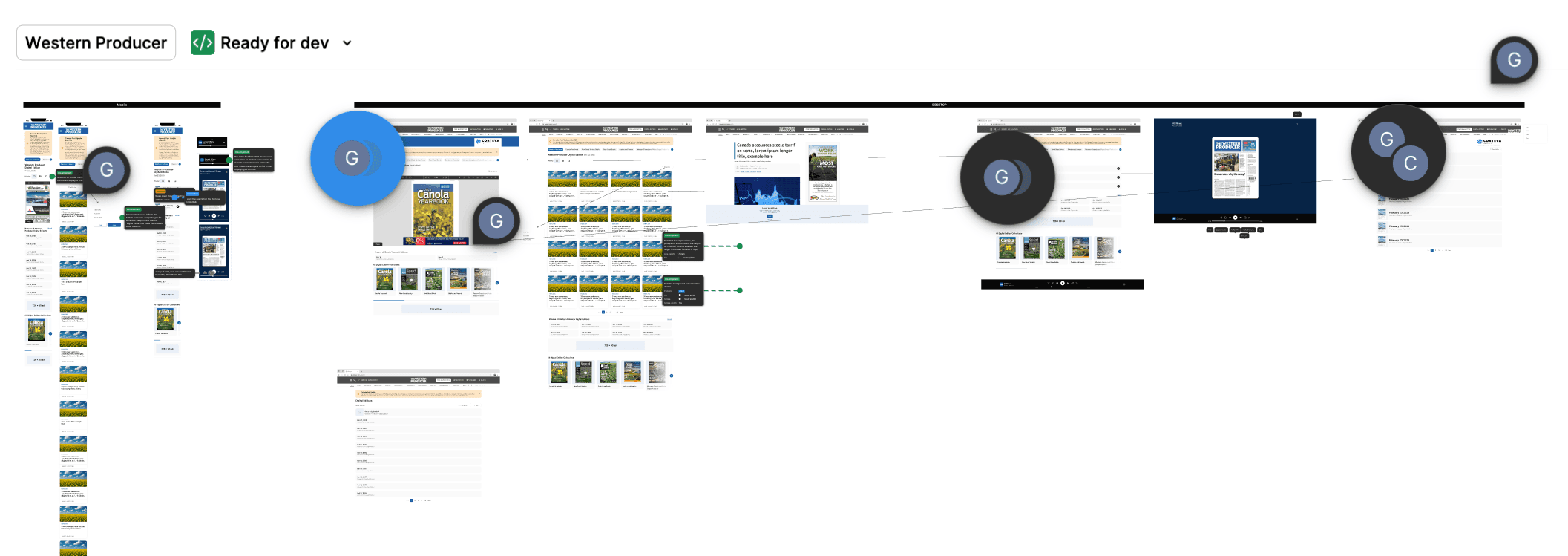 Digital edition redesign — Figma workspace showing the new browsable digital edition experience with issue covers, article previews, and navigation flow